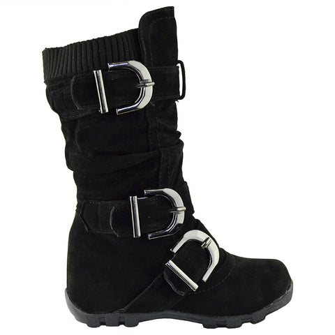 Kids Knee High Boots Ruched Leather Triple Buckle Side Zipper Closure black