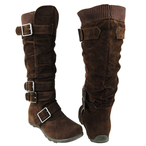 Womens Knee High Boots Ruched Leather Buckles Knitted Calf Brown