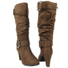 Womens Knee High Boots Ankle and Calf Buckle Side Zipper Closure Brown