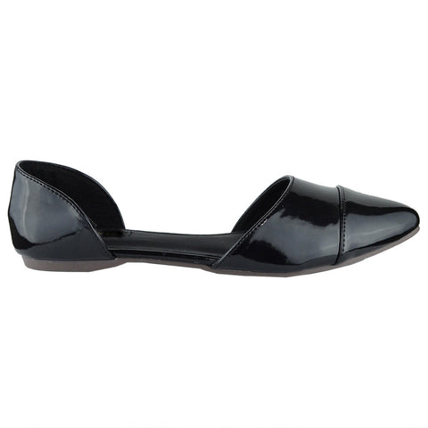 Womens Ballet Flats Pointy Toe Side Cutout Slip On Patent Leather Shoes Black