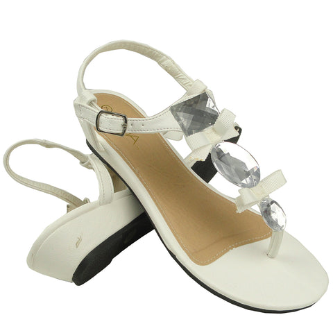 Womens Flat Sandals T-Strap Gemstones Low Wedge Adjustable Ankle Strap White