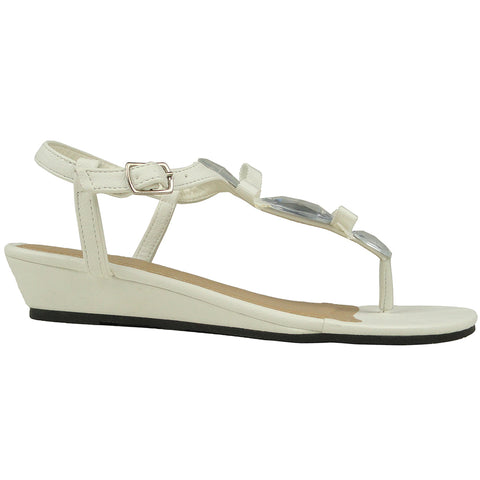 Womens Flat Sandals T-Strap Gemstones Low Wedge Adjustable Ankle Strap White