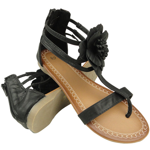Womens Flat Sandals T-Strap Thong Flower Back Zipper Closure black