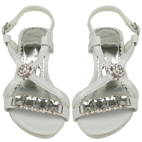 Kids Dress Sandals X-Strap Gemstones Rhinestone Embellishments White