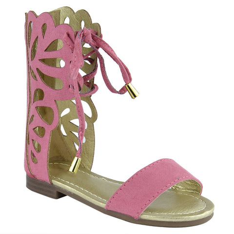 Girls Lace Up Gladiator Mid-Calf Flat Sandals Coral