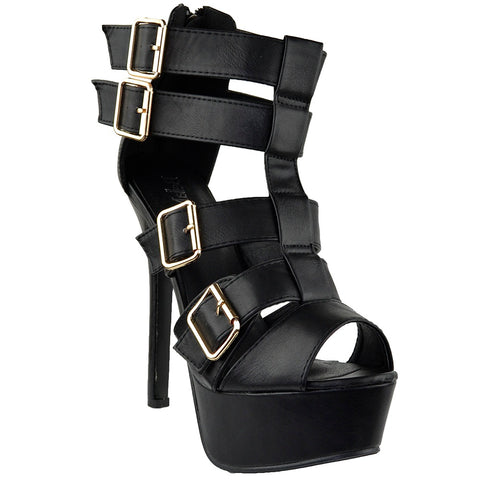 Womens Dress Sandals Strappy Buckle Accents Platform Shoes black