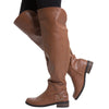 Womens Knee High Boots Multiple Buckle Accent Motorcycle Riding Shoes Cognac