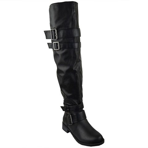 Womens Knee High Boots Multiple Buckle Accent Motorcycle Riding Shoes Black