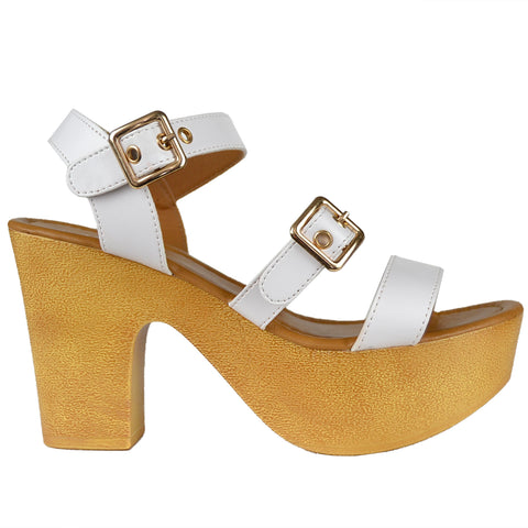 Womens Platform Sandals Lightweight Buckle Accent Chunky Heel Shoes White