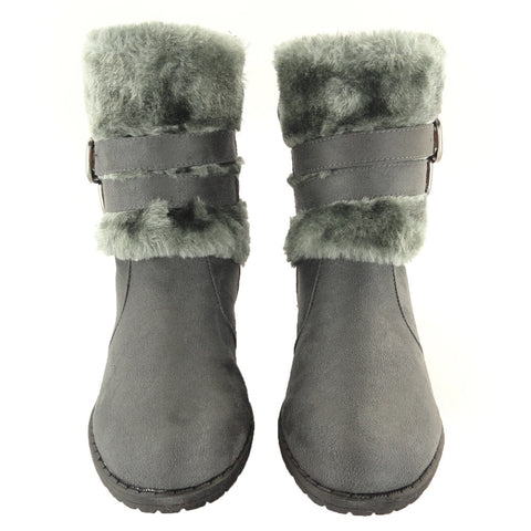 Womens Ankle Boots Faux Fur Cuff Ankle Wrap Buckles Gray