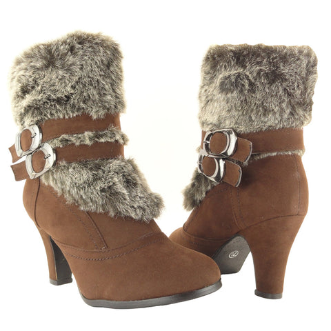 Womens Ankle Boots Fur Cuff Suede High Heel Brown