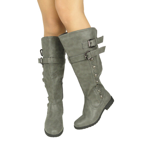 Womens Knee High Boots Side Rounded Studs Buckle Casual Comfort Shoes Gray