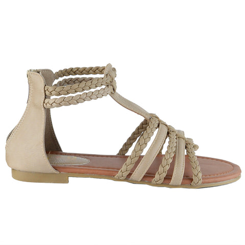 Womens Flat Sandals Braided Strappy Gladiator Casual Shoes Taupe