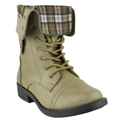Womens Mid Calf Boots Fold Over Cuff Lace Up Combat Shoes Taupe