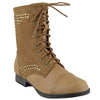 Womens Ankle Boots Rhinestone Studded Combat Lace Up Shoes Cognac