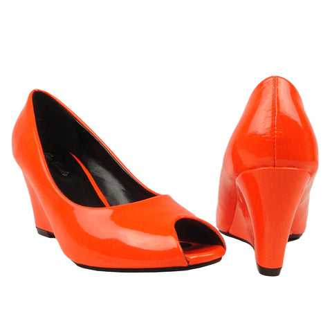 Womens Platform Shoes Patent Leather Wedge High Heel Shoes Orange