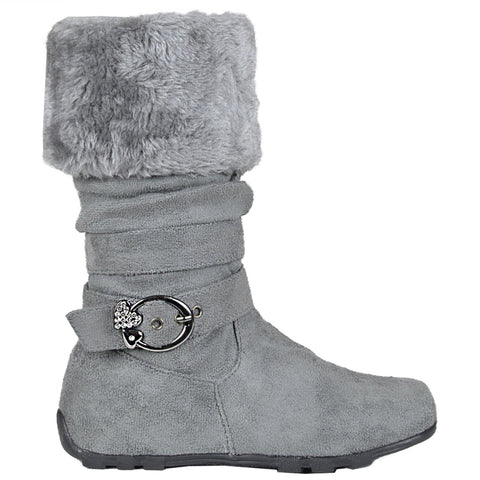Kids Mid Calf Boots Fur Cuff Heart Buckle Accent Casual Comfort Shoes Gray