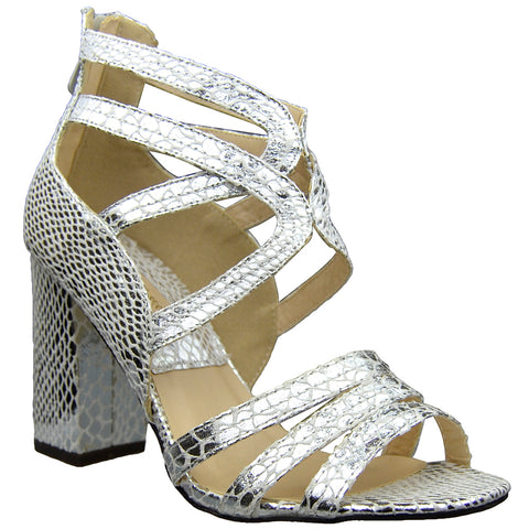 Womens Dress Sandals Snake Print Strappy Sexy High Heels Silver