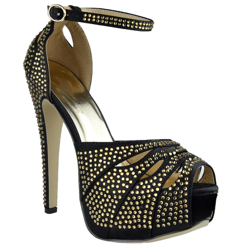 Womens Platform Sandals Studded Peep Toe Cutout High Heel Dress Shoes black