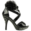 Womens Dress Sandals X-Strap and Tulle Flower Back Zipper Closure black