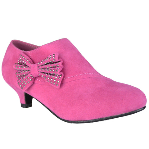 Kids Ankle Boots Suede High Heel Side Bow Dress Shoes Pink