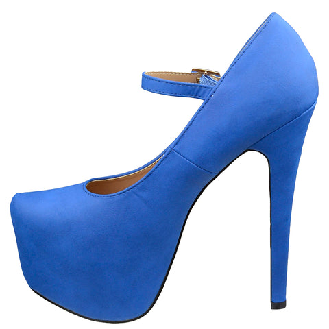 Womens Platform Shoes Ankle Strap Closed Toe Stiletto Pumps Blue