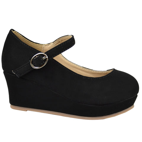 Kids Dress Shoes Mary Jane Ankle Strap Wedge Platform Pumps black