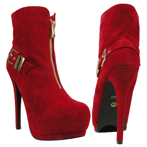 Womens Ankle Boots Sexy Double Platform Buckle High Heel Shoes Red