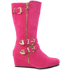 Girls Boots Mid Calf Knee High Wedge Heels Buckles Zipper Pink