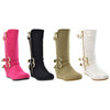 Kids Knee High Boots Wedge Heel Gold Buckles Accent Taupe
