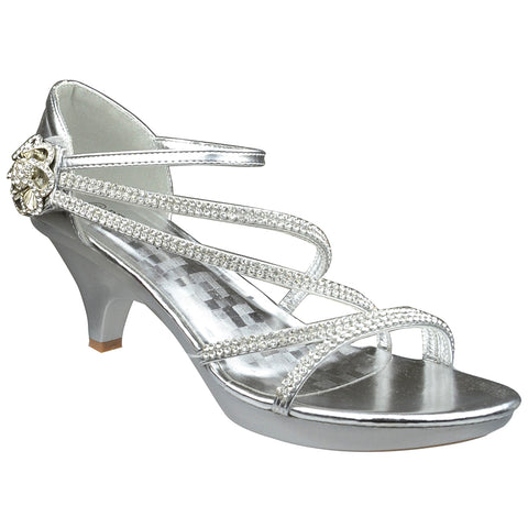 Womens Dress Sandals Low Heel Asymmetrical Strap Vintage Flower Silver