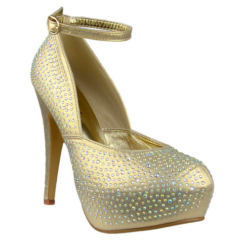 Womens Platform Shoes Ankle Strap Studded Rhinestone Stiletto Pumps Gold