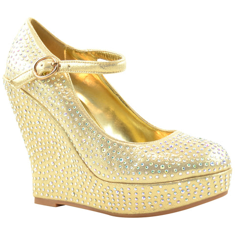 Womens Platform Shoes Rhinestone Studs Wedges Gold