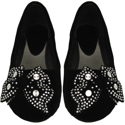 Kids Ballet Flats Velvet Embellished Side Bow Comfort Slip On Shoes black