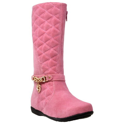 Kids Knee High Boots Quilted Leather Gold Train Trim Heart Charm Riding Shoes Pink