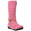 Kids Knee High Boots Quilted Leather Gold Train Trim Heart Charm Riding Shoes Pink