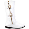 Kids Knee High Boots Quilted Leather Zipper Trim Gold Buckle Riding Shoes White
