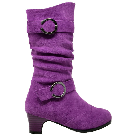 Kids Mid Calf Boots Double Buckle Zip Close High Heel Shoes Gray Purple