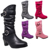 Kids Mid Calf Boots Double Buckle Zip Close High Heel Shoes Gray Coral