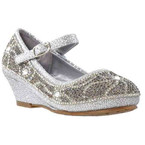 Kids Dress Shoes Ankle Strap Glitter Rhinestone Crystal Wedge Pumps Silver