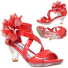 Kids Dress Sandals Strappy Rhinestone Flower Clear High Heel Shoes Red