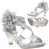 Kids Dress Sandals Strappy Rhinestone Flower Clear High Heel Shoes Silver