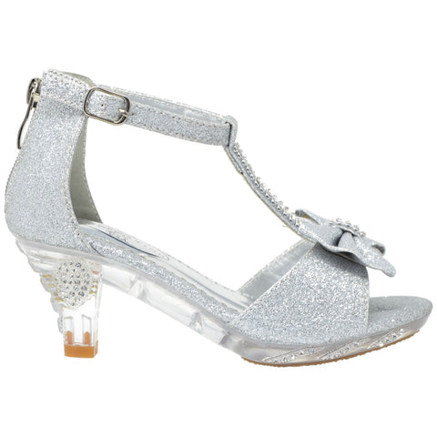 Kids Dress Sandals T-Strap Rhinestone Glitter Clear High Heel Shoes Silver
