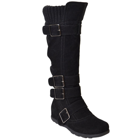 Womens Knee High Boots Ruched Suede Knitted Calf Buckles Rubber Sole black
