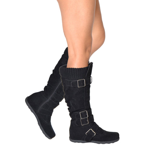 Womens Knee High Boots Ruched Suede Knitted Calf Buckles Rubber Sole black