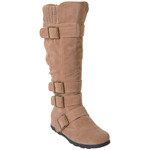 Womens Knee High Boots Ruched Suede Knitted Calf Buckles Rubber Sole Taupe