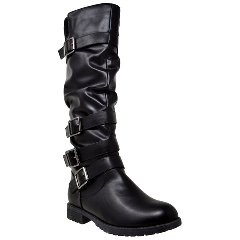 Womens Knee High Boots Strappy Ruched Leather Adjustable Buckles Black