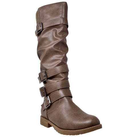 Womens Knee High Boots Strappy Ruched Leather Adjustable Buckle Shoes Taupe