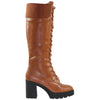 Combat Knee High  Boots Lace Up Chunky Heel Knitted Cuff Camel Tan Leather