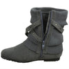Womens Ankle Boots Slouch Knitted and Suede Cross Strap Buckles Gray